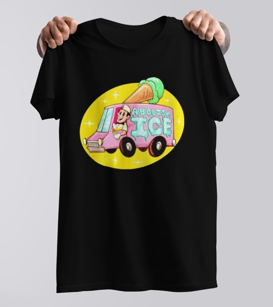 Abolish Ice Pink Ice Cream Truck With Melting Cone On Yellow T-Shirt