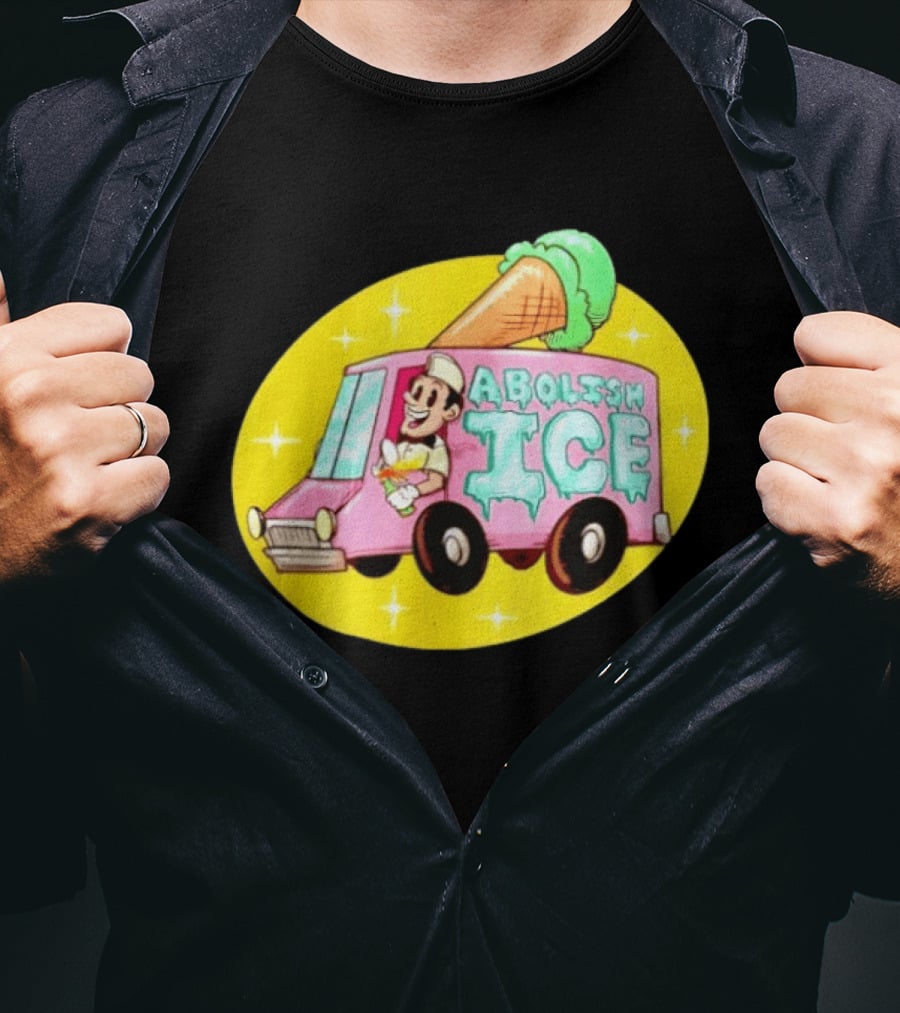 Abolish Ice Pink Ice Cream Truck With Melting Cone On Yellow T-Shirt