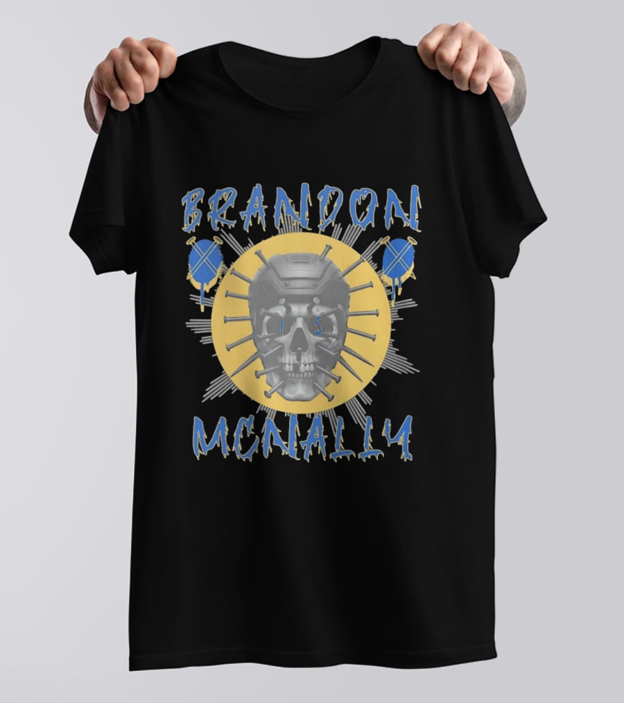 Brandon McNally Hockey Skull 15 Helmet Nails Blue Yellow T-Shirt