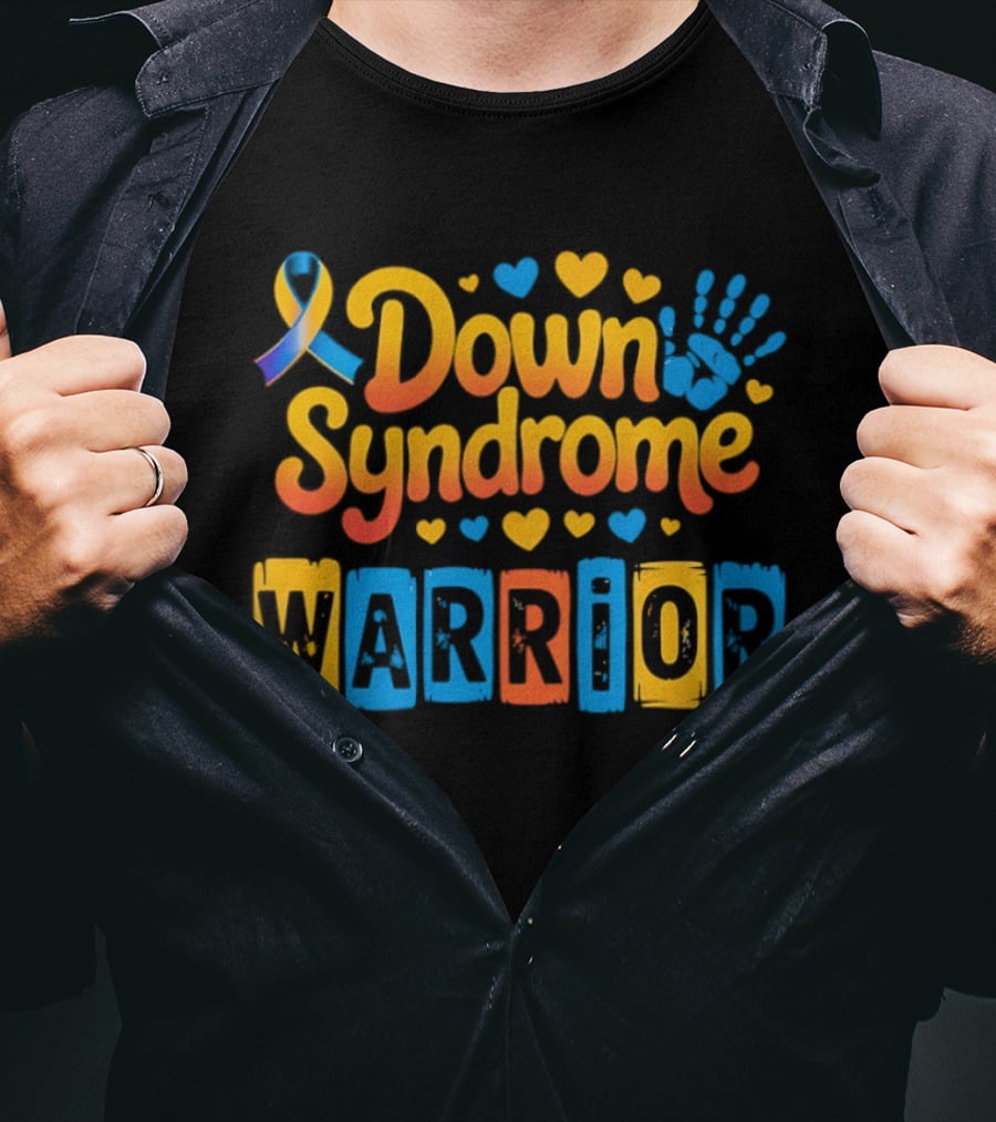 Down Syndrome Warrior Ribbon Handprint Hearts T-Shirt