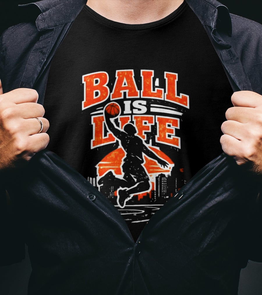 Ball Is Life Dunking Cityscape Skyline T-Shirt