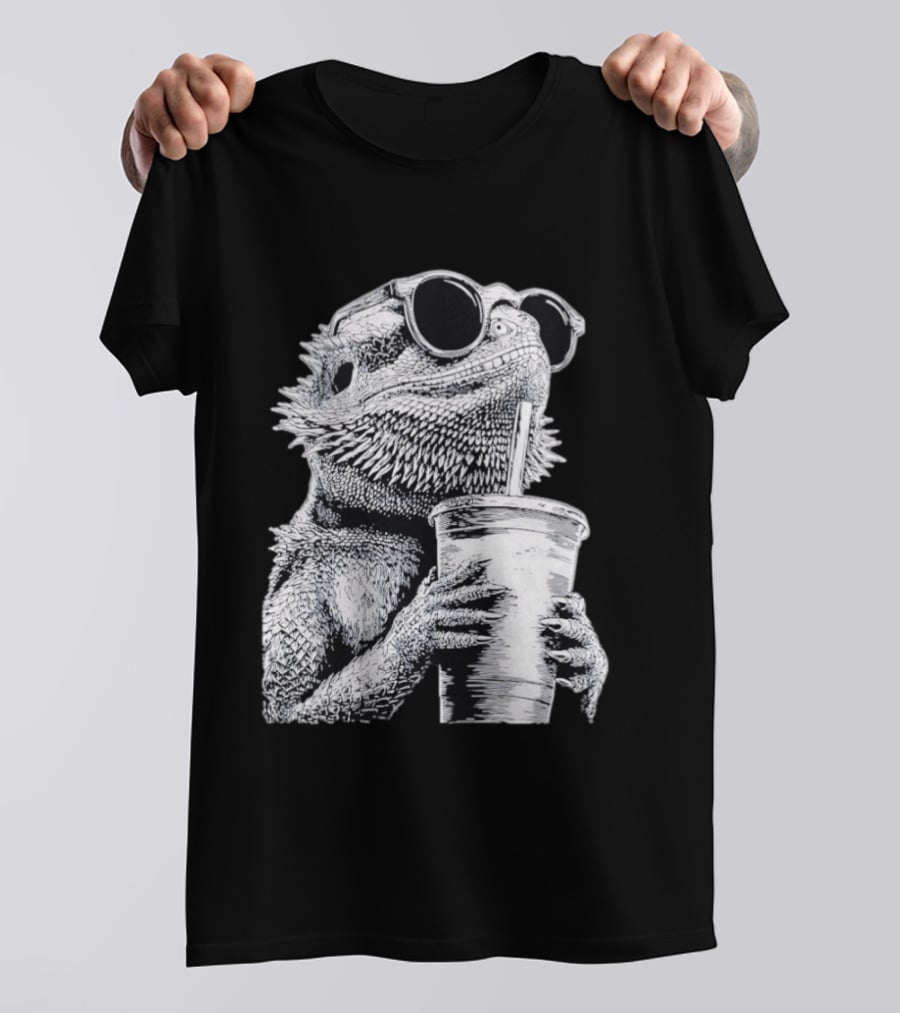 Bearded Dragon With Sunglasses Drinking Iced Coffee T-Shirt