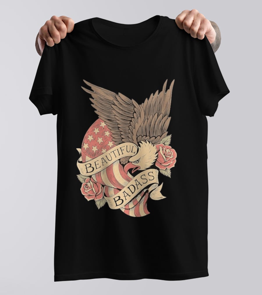 Beautiful Badass Eagle With American Flag And Roses T-Shirt