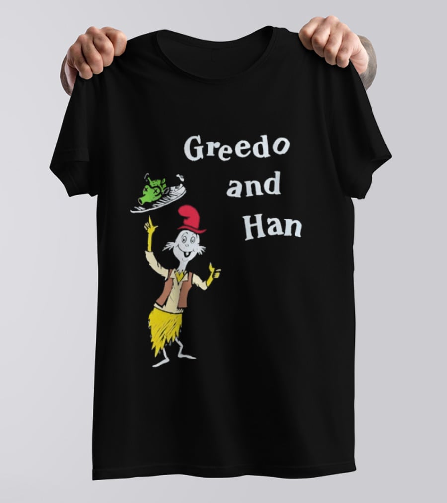 Greedo And Han Whimsical Cartoon Character Balancing Act T-Shirt