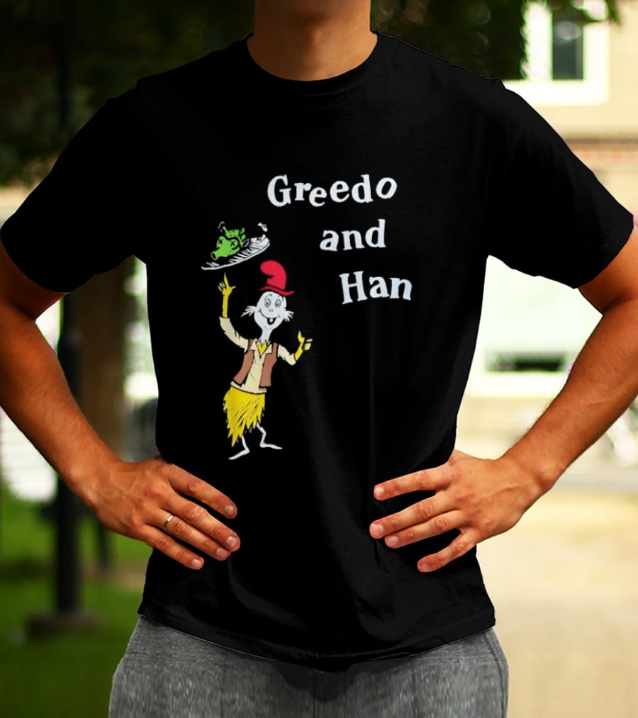 Greedo And Han Whimsical Cartoon Character Balancing Act T-Shirt