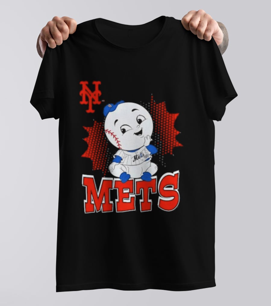 NY Mets Mr. Met Cartoon Character With Baseball And Team T-Shirt