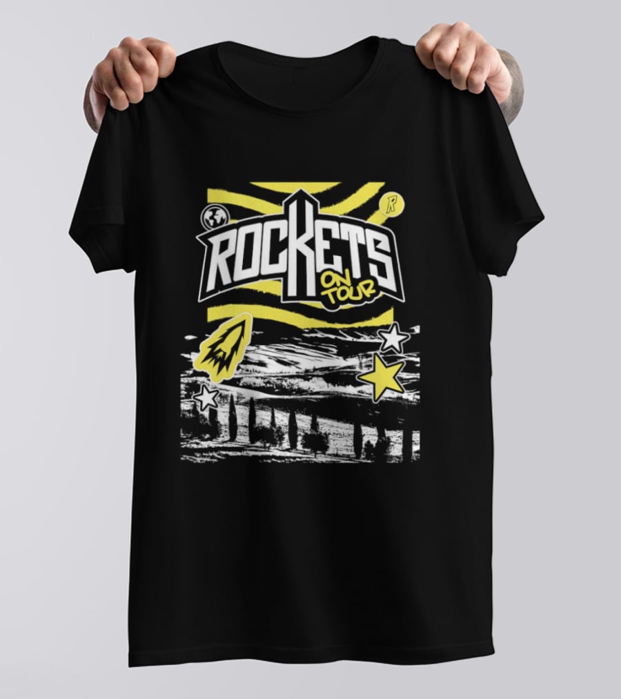 Rockets On Tour Bold Text With Yellow Stars And Rocketship T-Shirt
