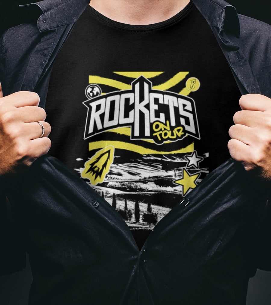 Rockets On Tour Bold Text With Yellow Stars And Rocketship T-Shirt