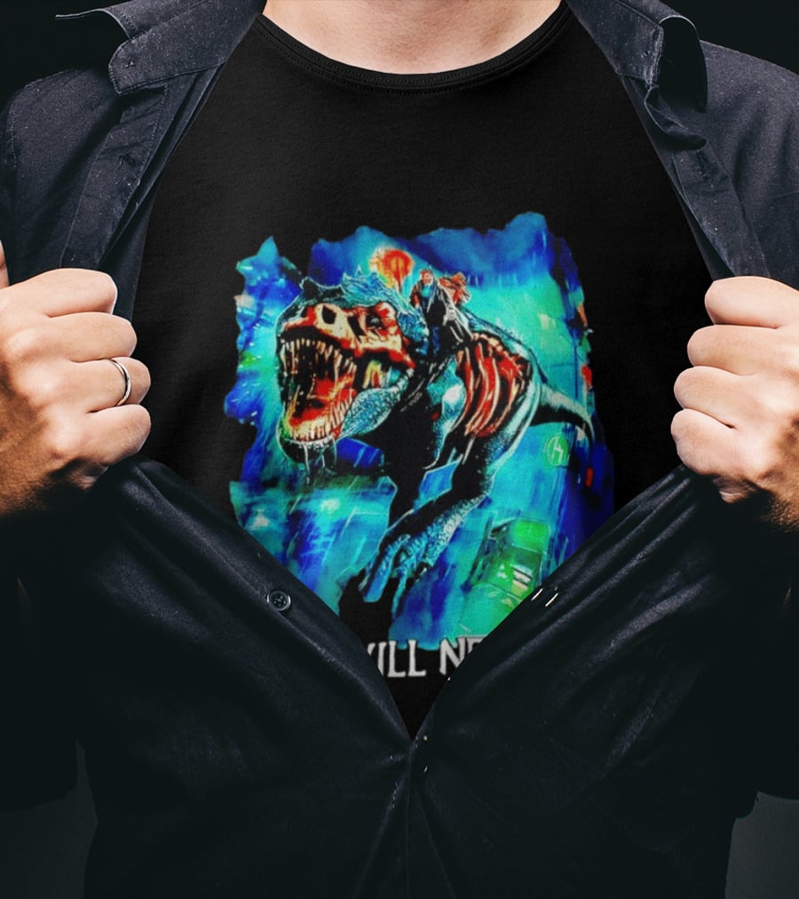 Polka Will Never Die Zombie Tyrannosaurus Rex Riding Scene T-Shirt