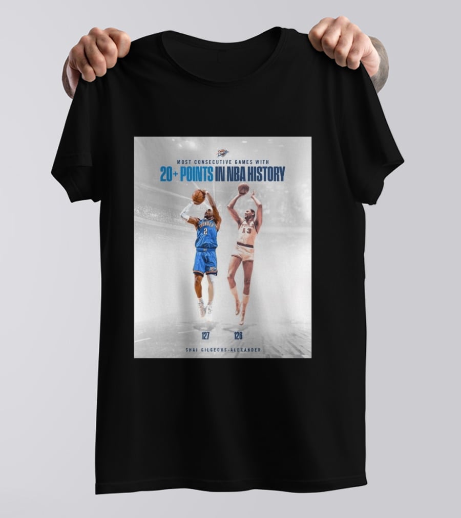 Shai Gilgeous Alexander OKC Thunder Most Consecutive Games With 20+ Points In NBA History 127 T-Shirt