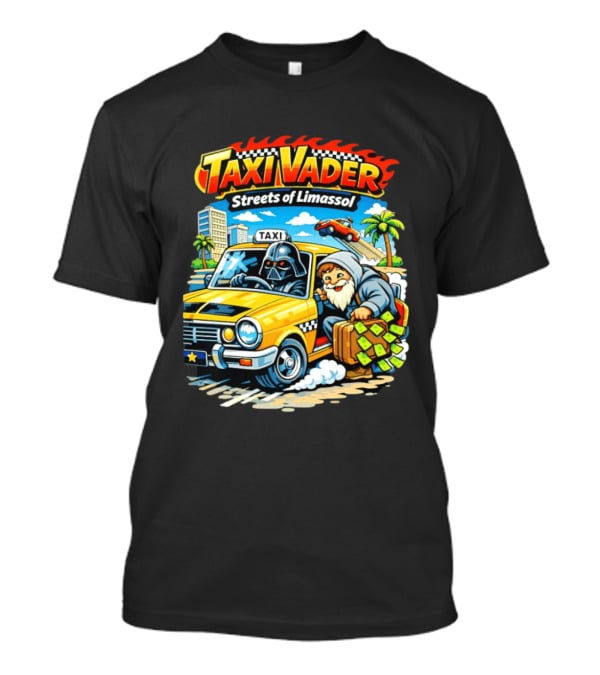 Taxi Vader Streets Of Limassol Adventure With Iconic Characters And Yellow Cab In Cityscape T-Shirt