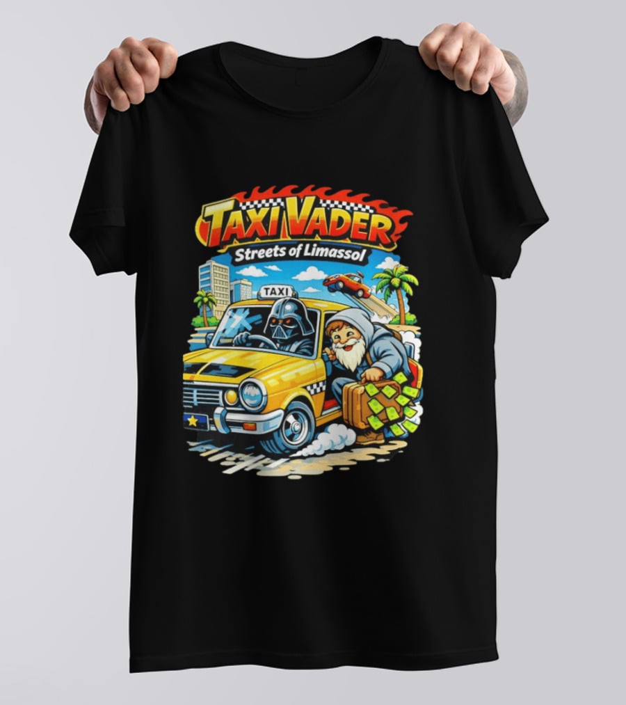 Taxi Vader Streets Of Limassol Adventure With Iconic Characters And Yellow Cab In Cityscape T-Shirt