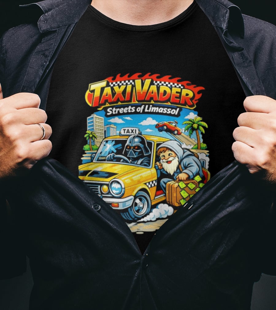 Taxi Vader Streets Of Limassol Adventure With Iconic Characters And Yellow Cab In Cityscape T-Shirt