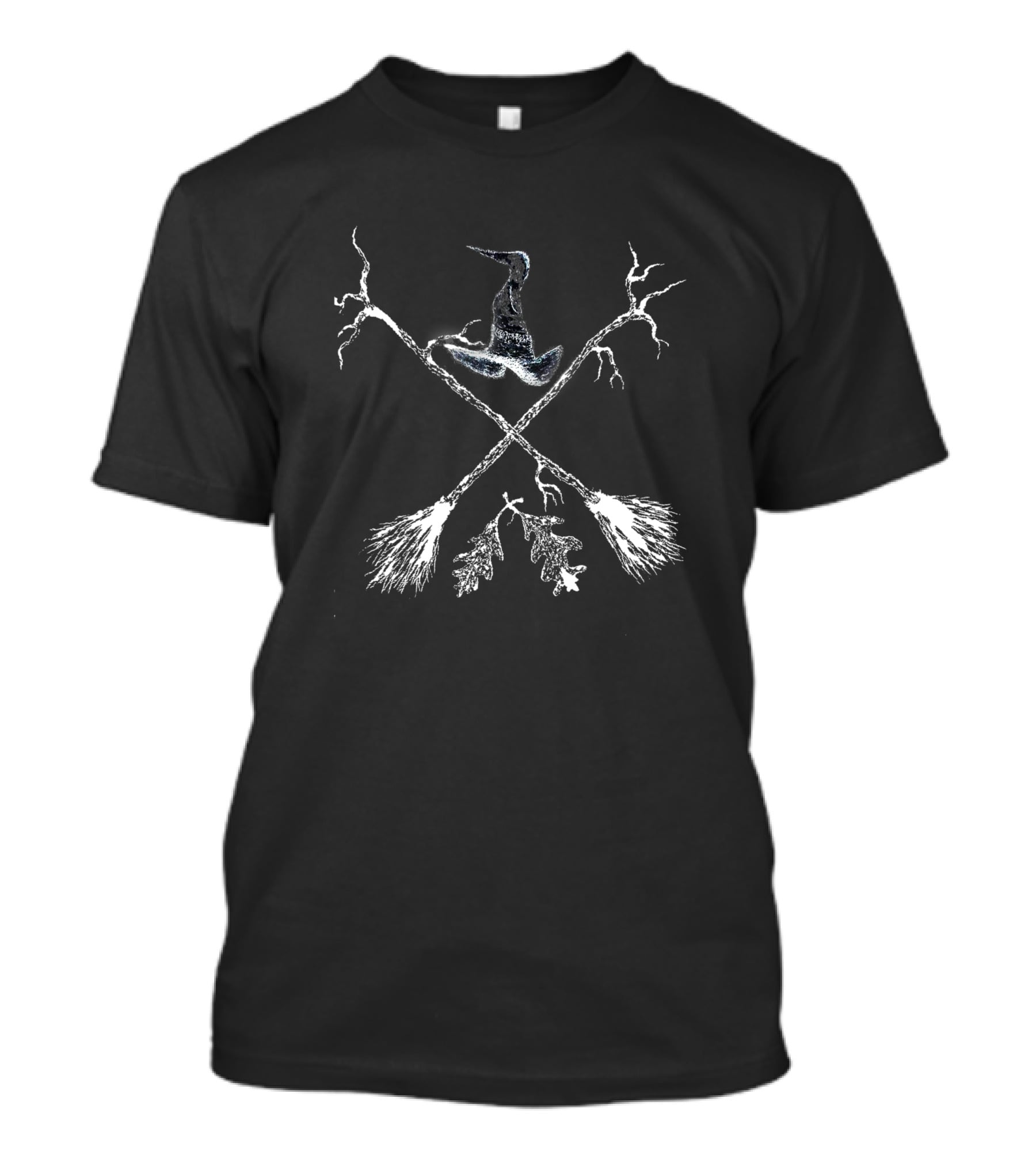 Autumnus Crest Edit 781019 Crossed Brooms And Witch Hat Oak Leaves Branches T-Shirt