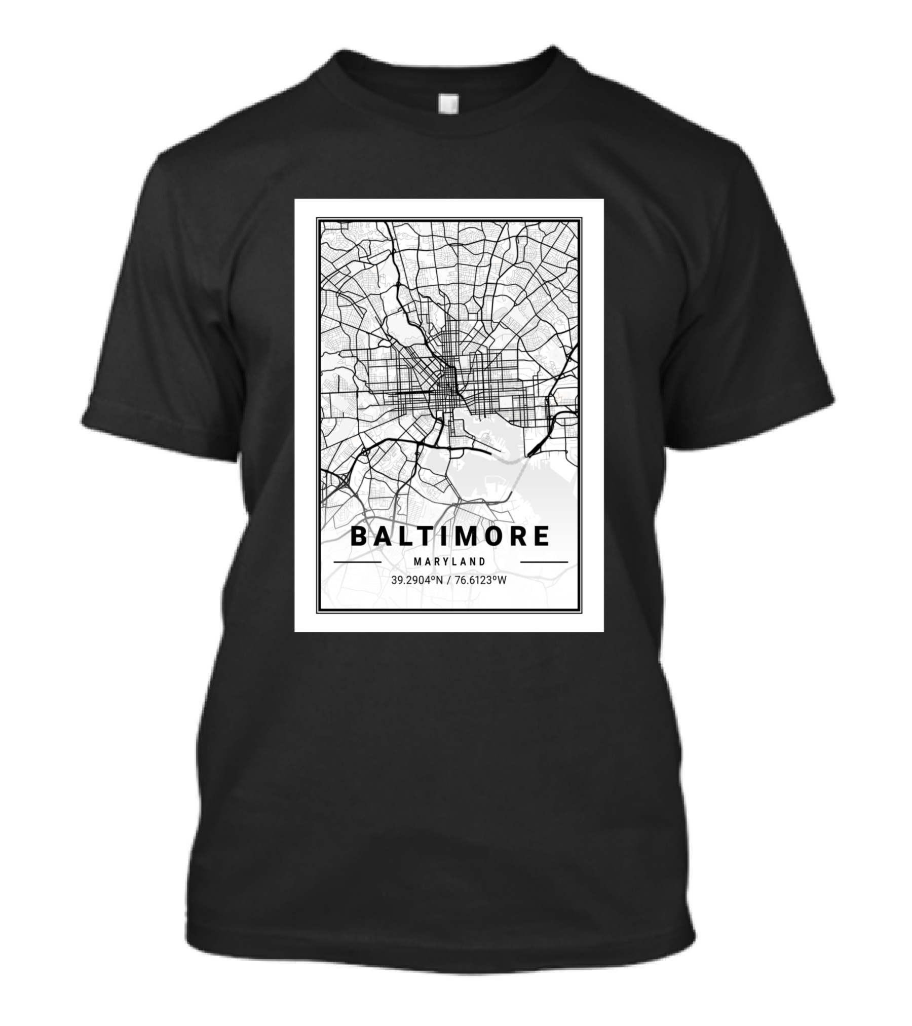 Baltimore Maryland City Map Coordinates 39.2904°N 76.6123°W T-Shirt