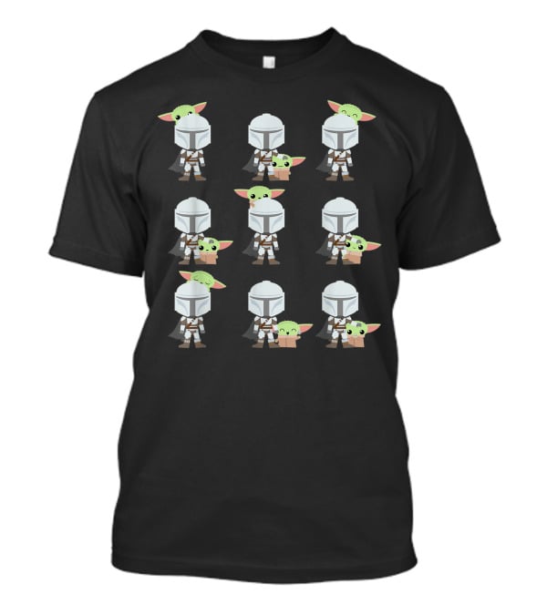 Star Wars The Mandalorian Baby Yoda Expressions Multiple Poses With Helmeted Hero T-Shirt