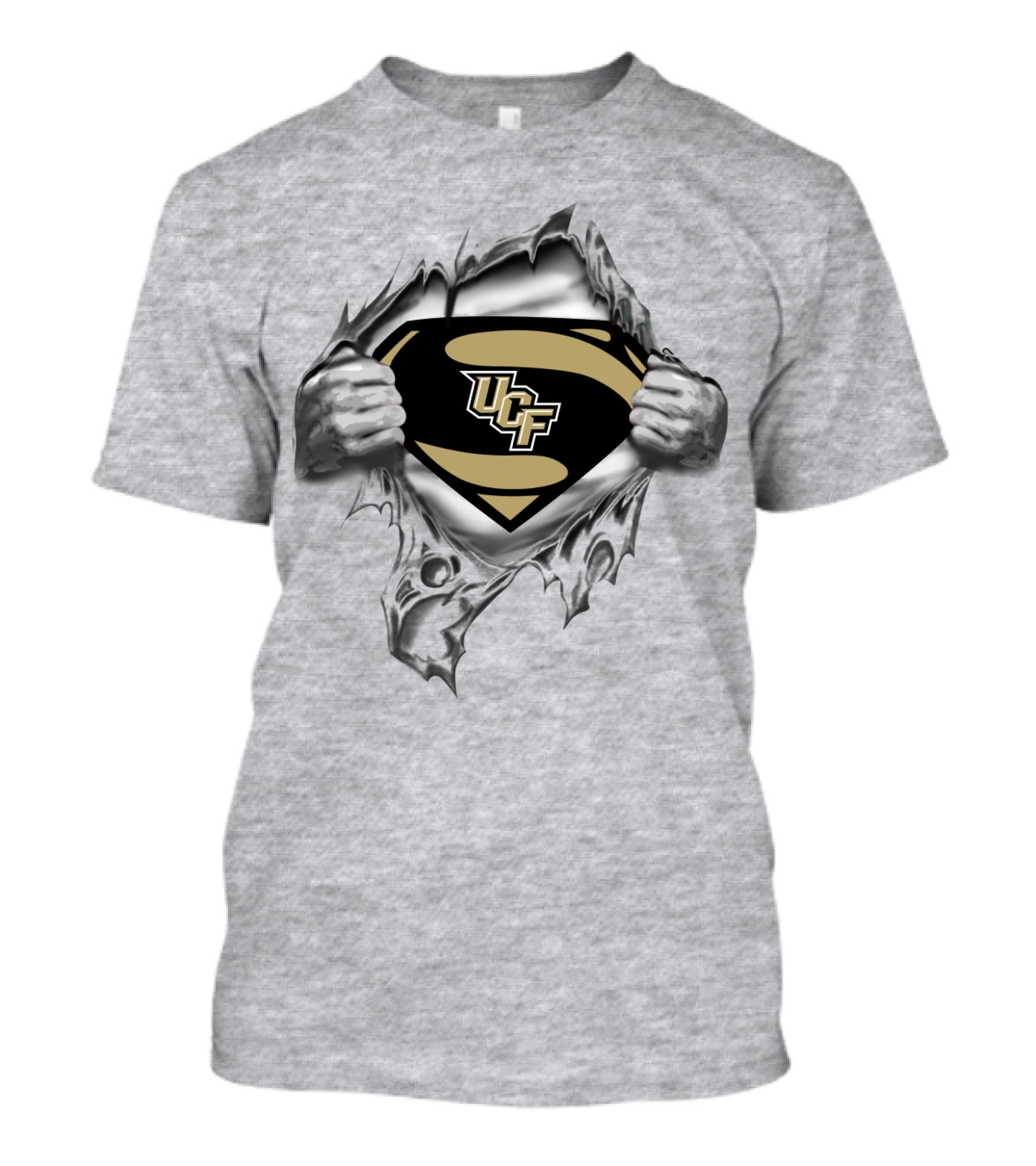 Ucf Knights Superhero Logo Grey Torn Chest T-Shirt
