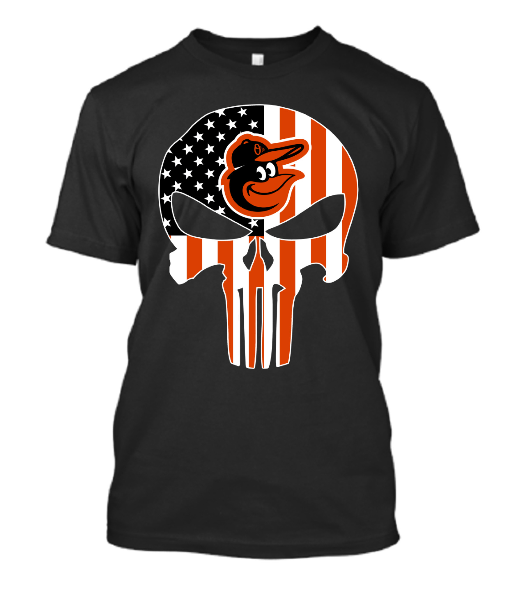 Baltimore Orioles Punisher Skull American Flag T-Shirt