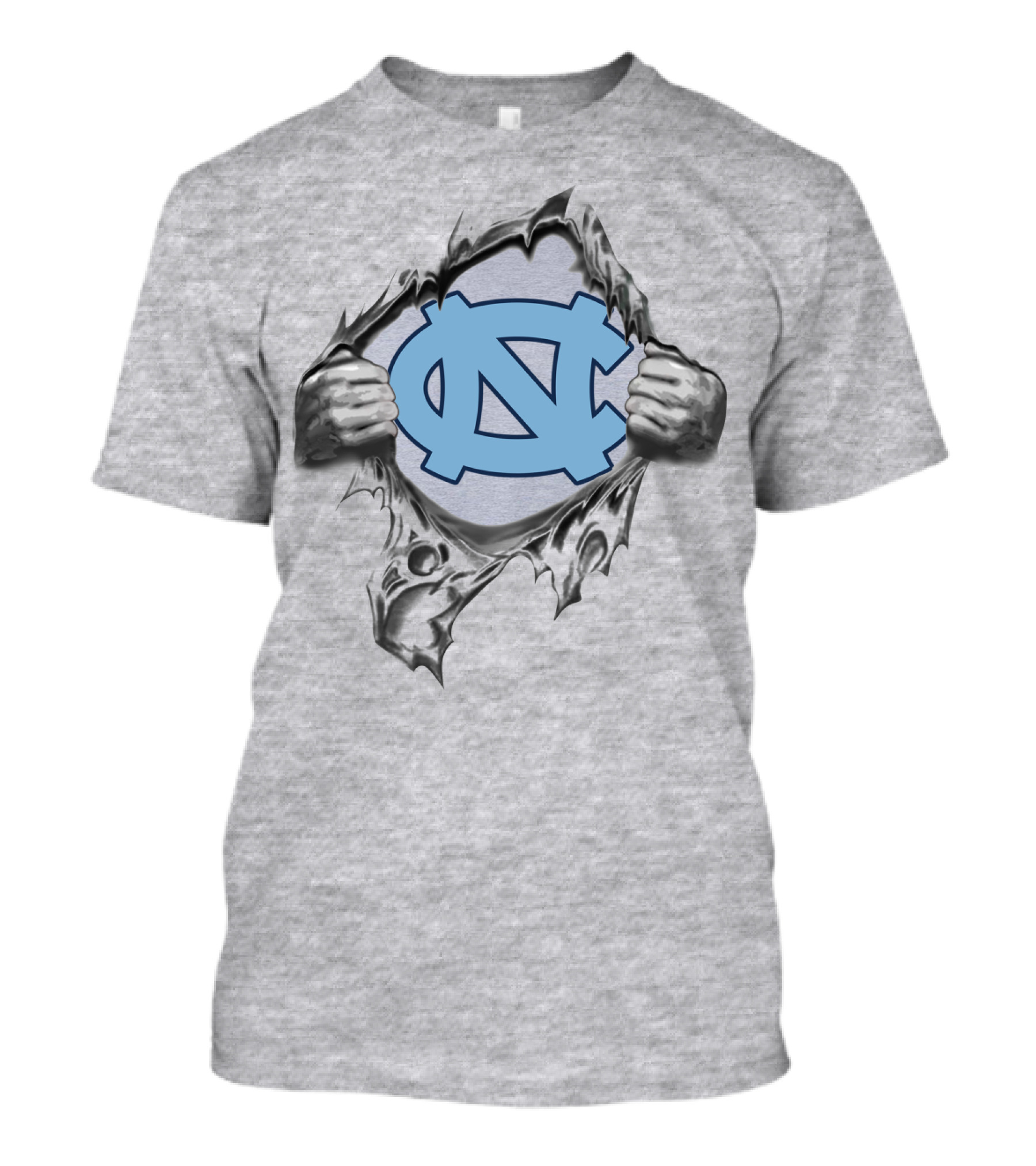 Unc Tar Heels Logo Peeking Through Ripped Gray Fabric T-Shirt