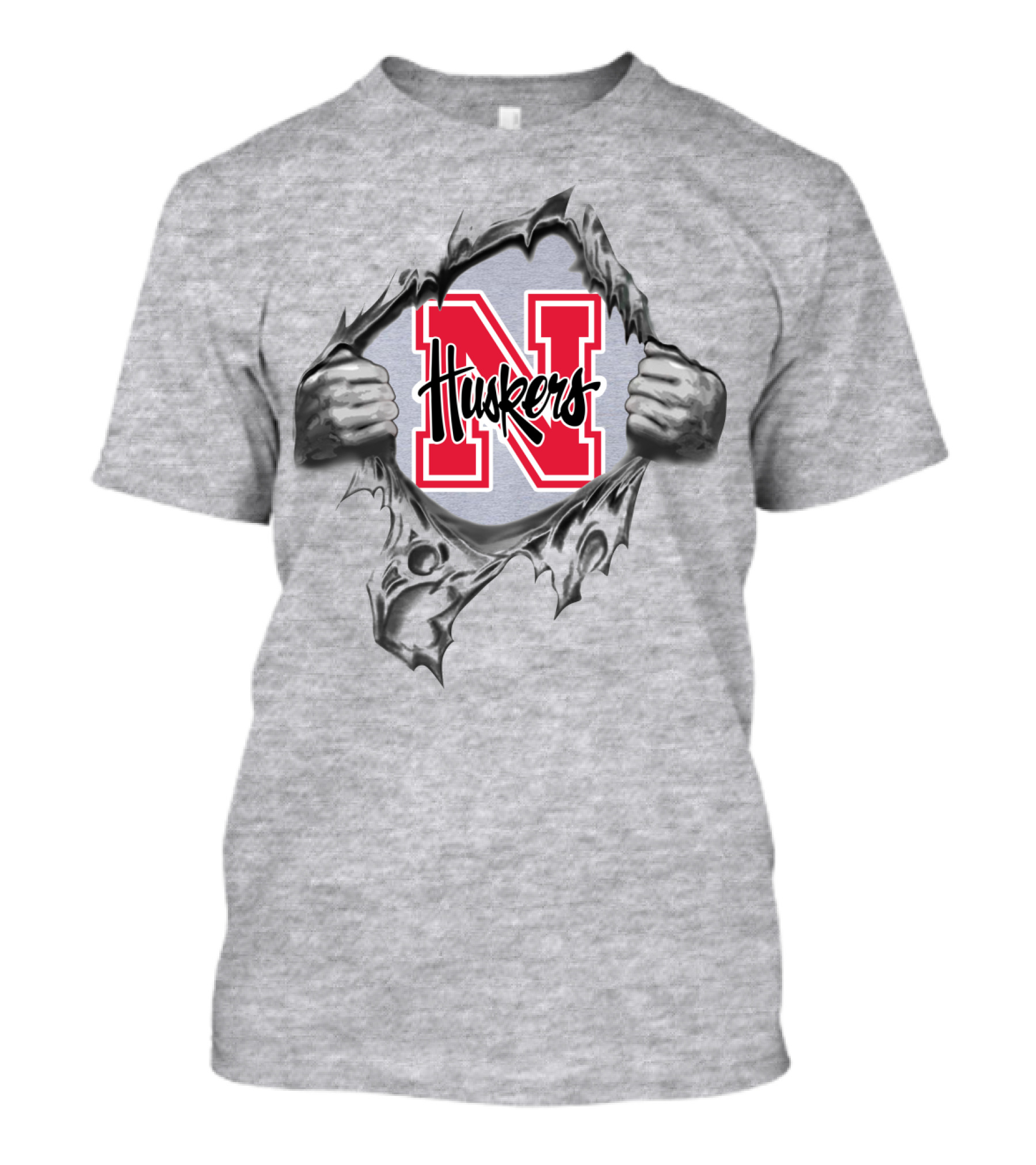 Nebraska Huskers Logo Inside Ripped Design With Hands And Red N T-Shirt