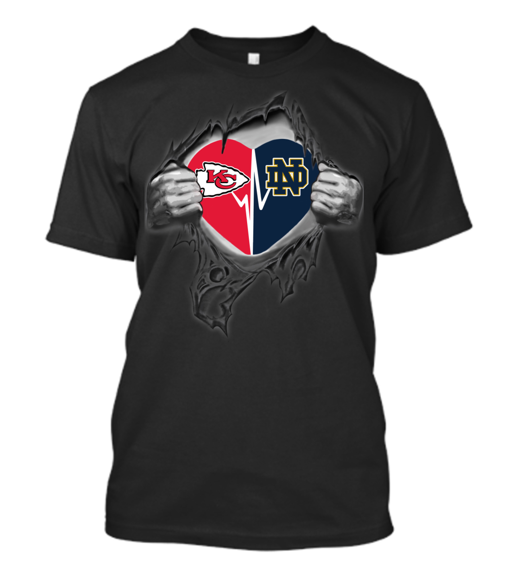 Kansas City Chiefs Notre Dame Fighting Irish Heart Logo Collaboration T-Shirt