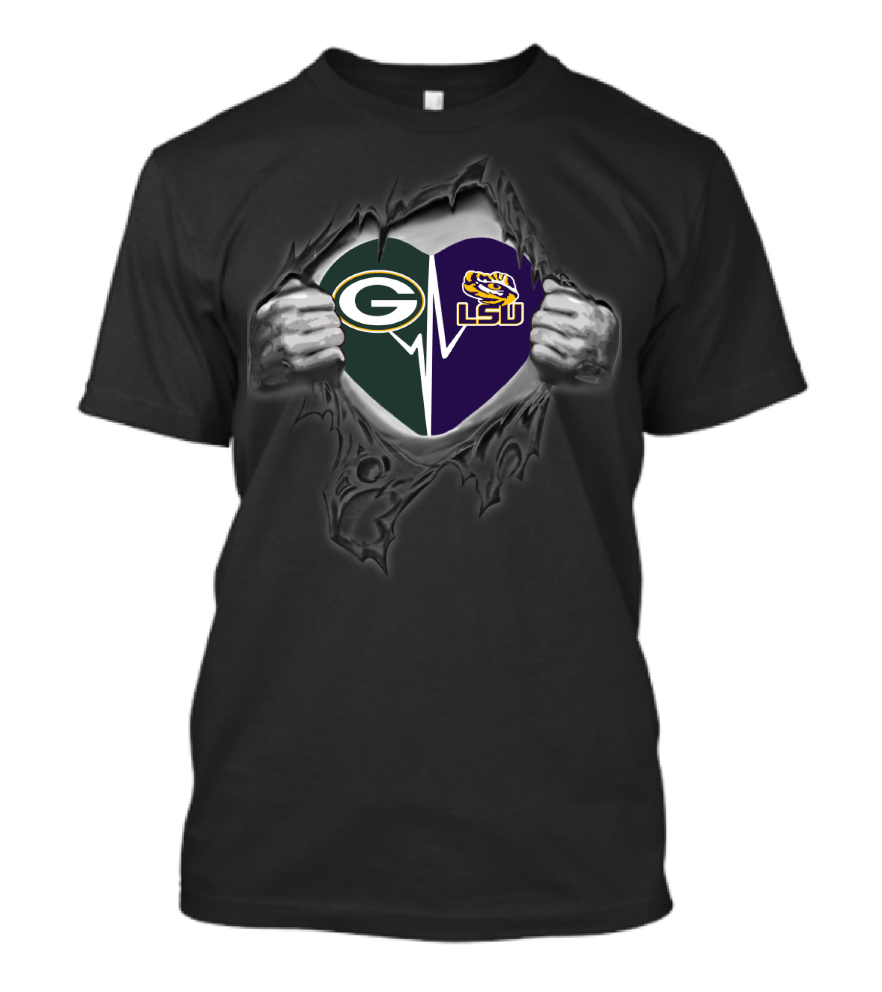 Green Bay Packers And Lsu Tigers Heart Ripped T-Shirt