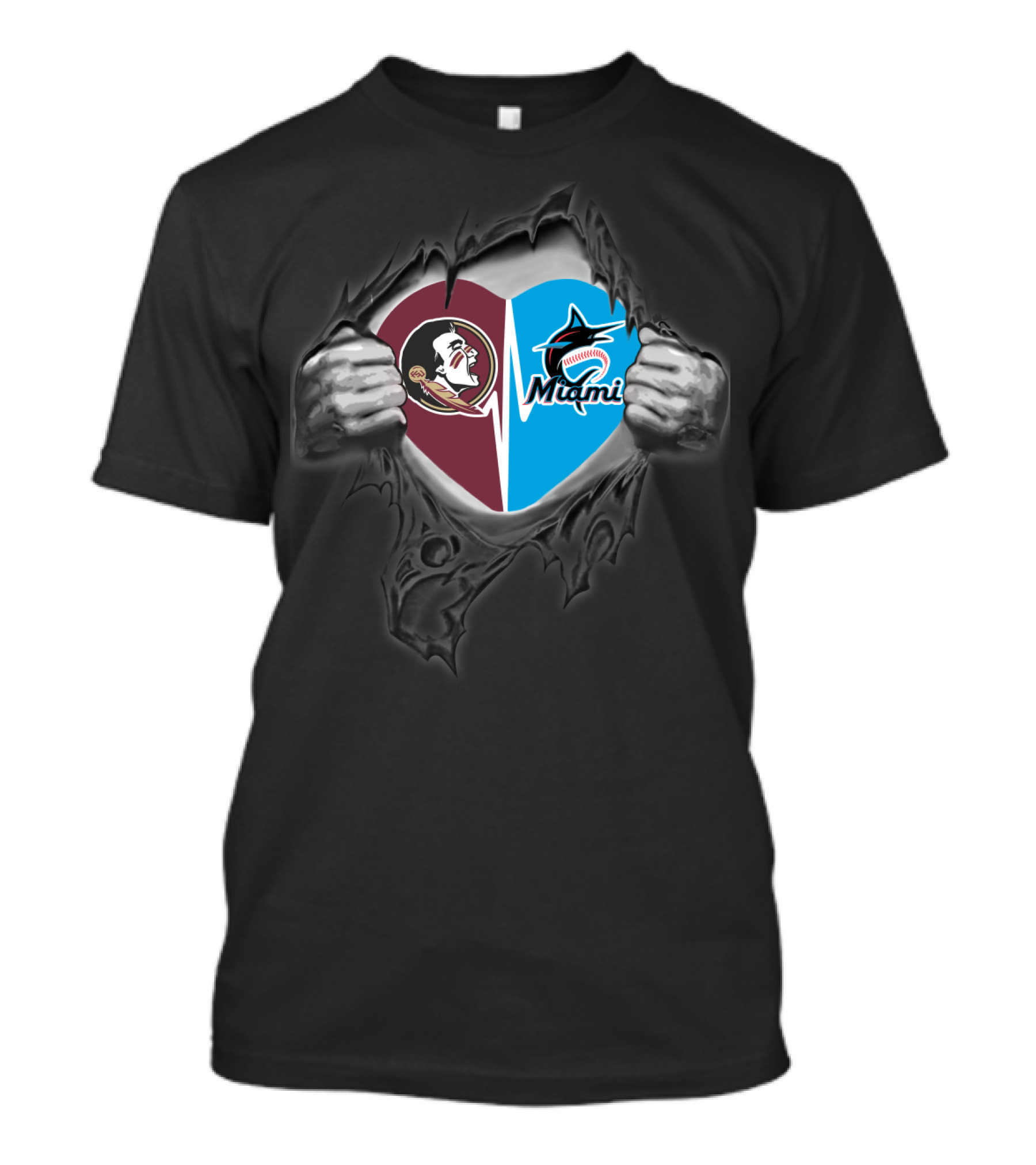 Seminoles Miami Split Heart Icon With Hands Ripping Open T-Shirt