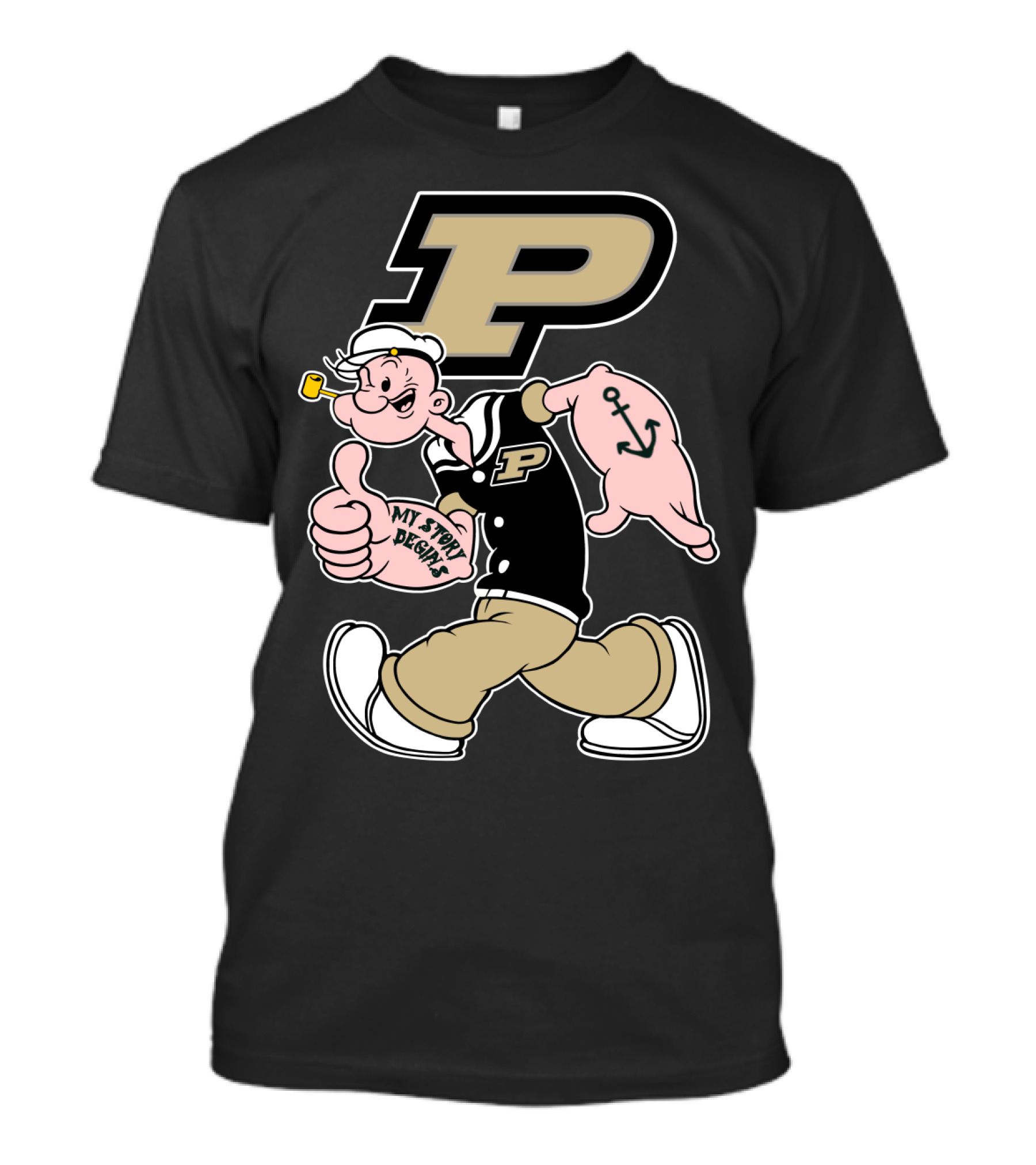 Purdue Boilermakers Sailor Cartoon Mascot With Pipe And Anchor Tattoo T-Shirt