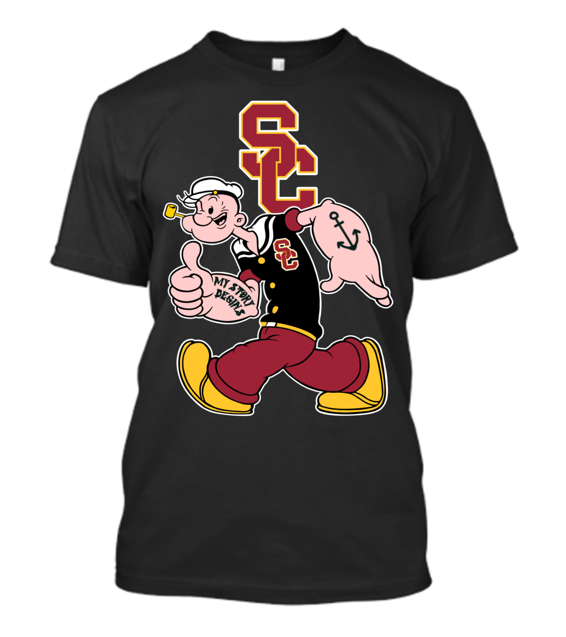 Usc Trojans Sc Logo With Sailor Cartoon And Anchor Tattoo T-Shirt