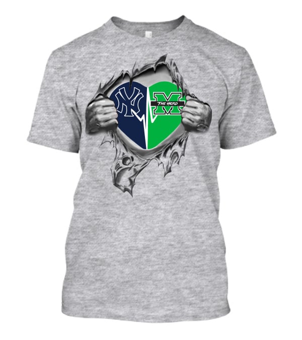Yankees Marshall Thundering Herd Heart Torn Open T-Shirt