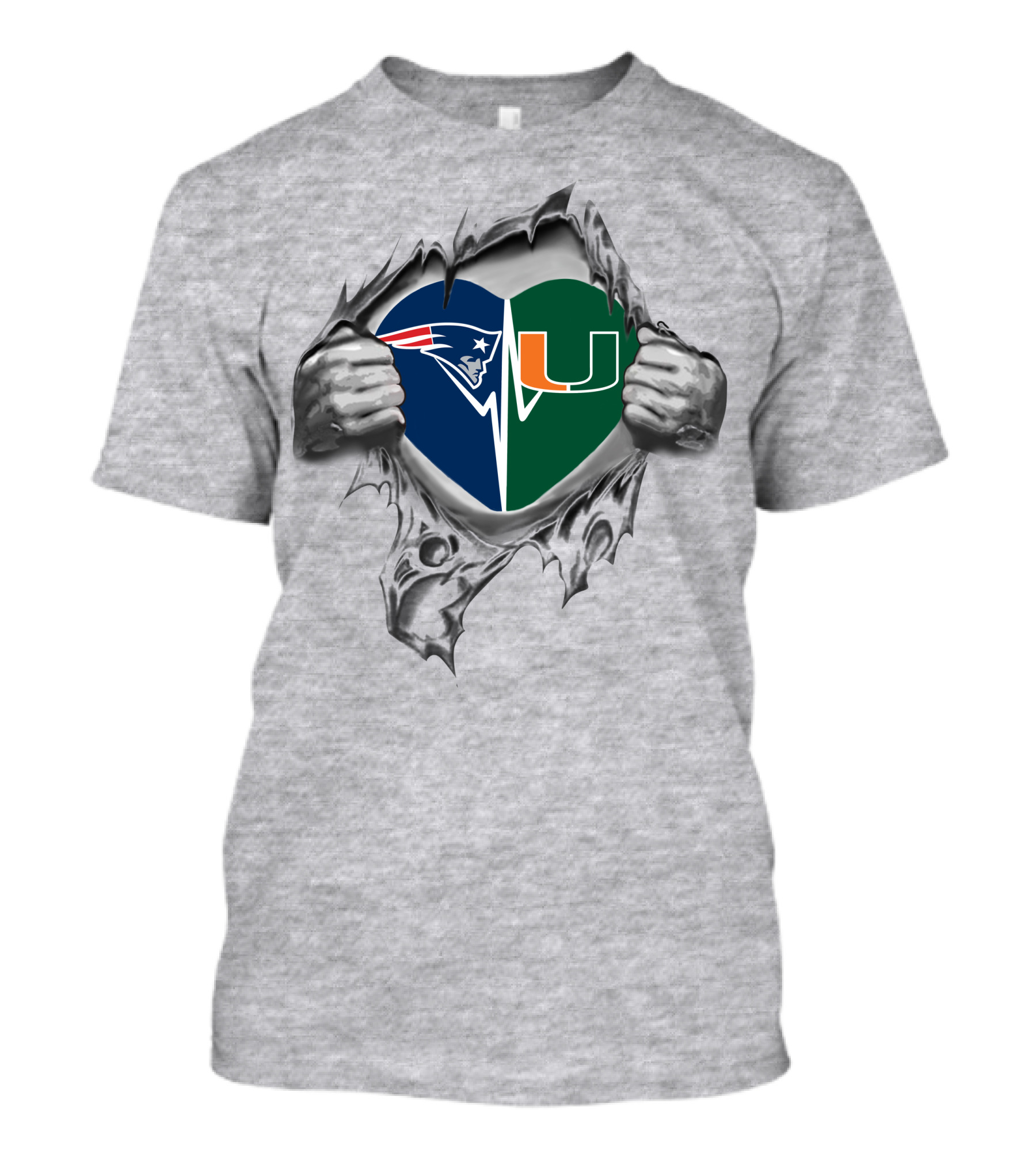 Patriots Miami Hurricanes Heart Symbol Split T-Shirt