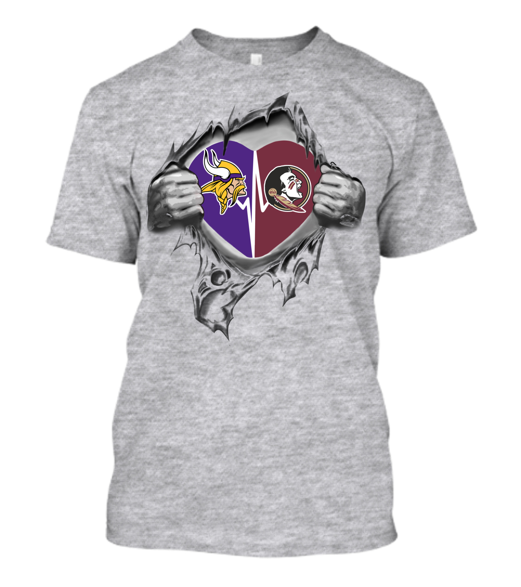 Vikings Fsu Heart Symbol With Logos And Torn Hands T-Shirt