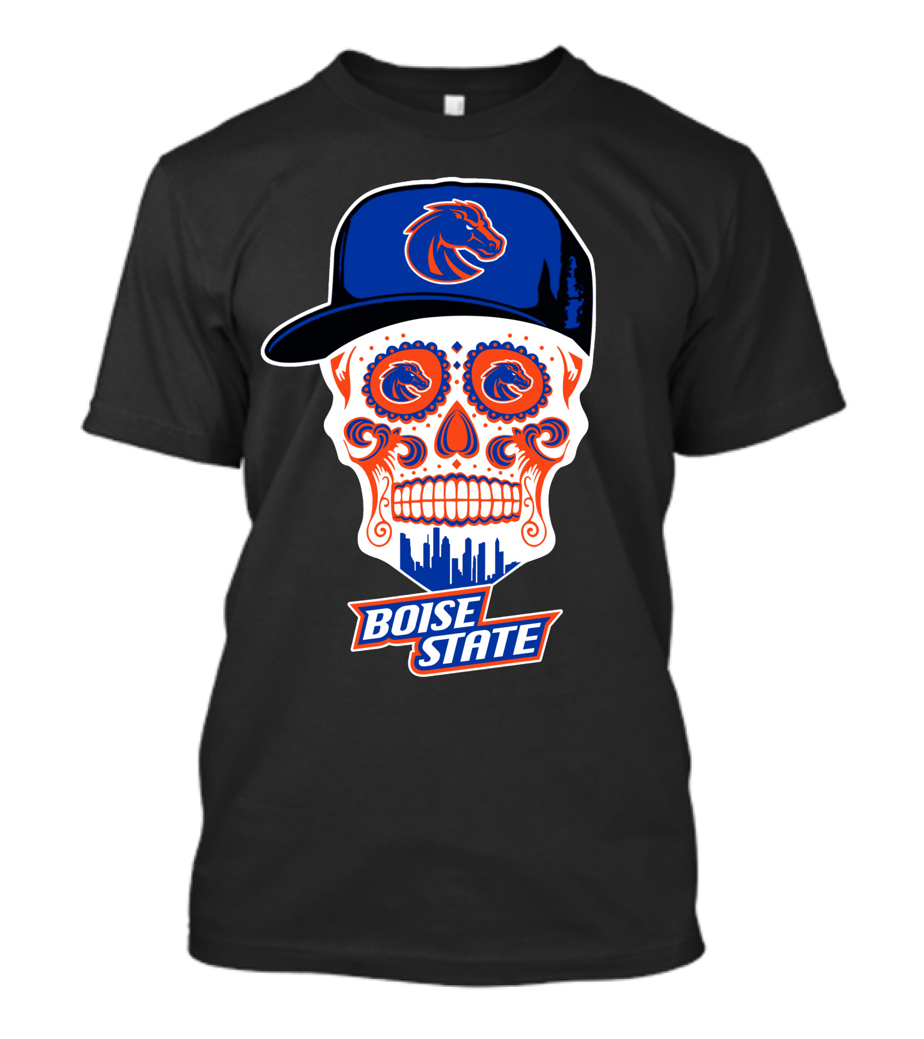 Boise State Broncos Skull With Hat And City Skyline T-Shirt