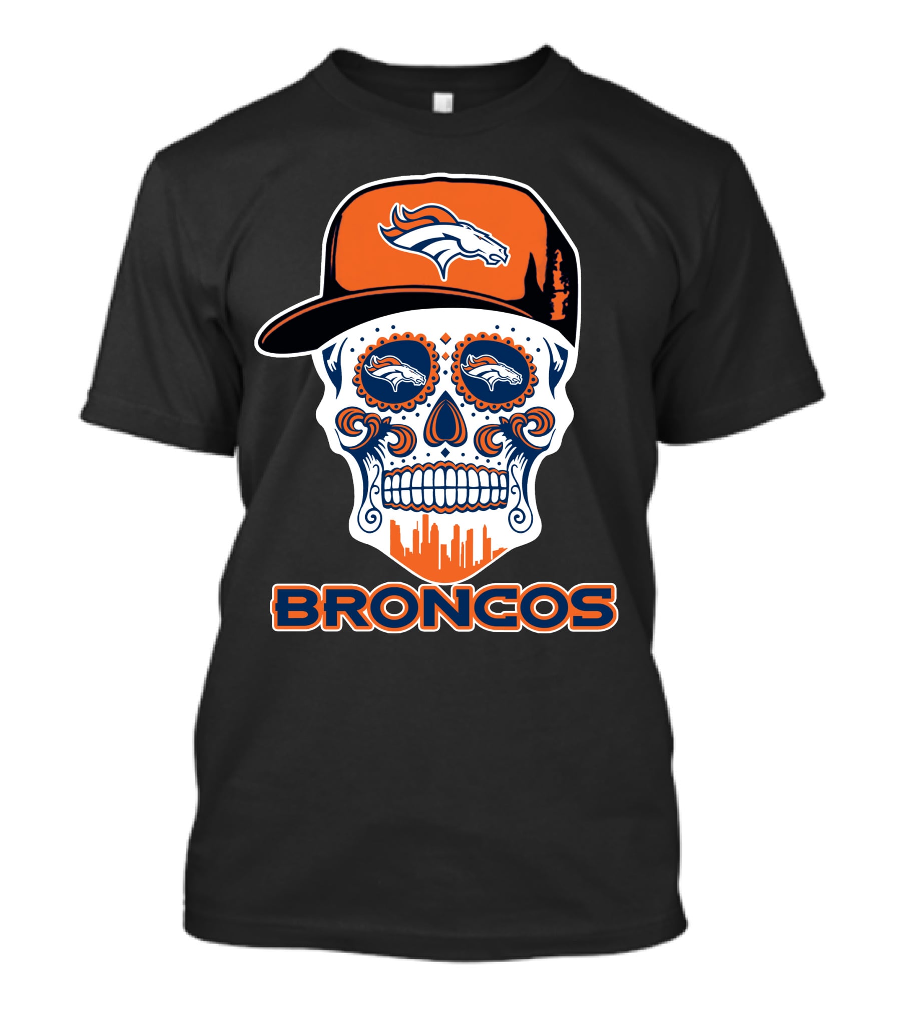 Denver Broncos Skull With Cap And Logos T-Shirt