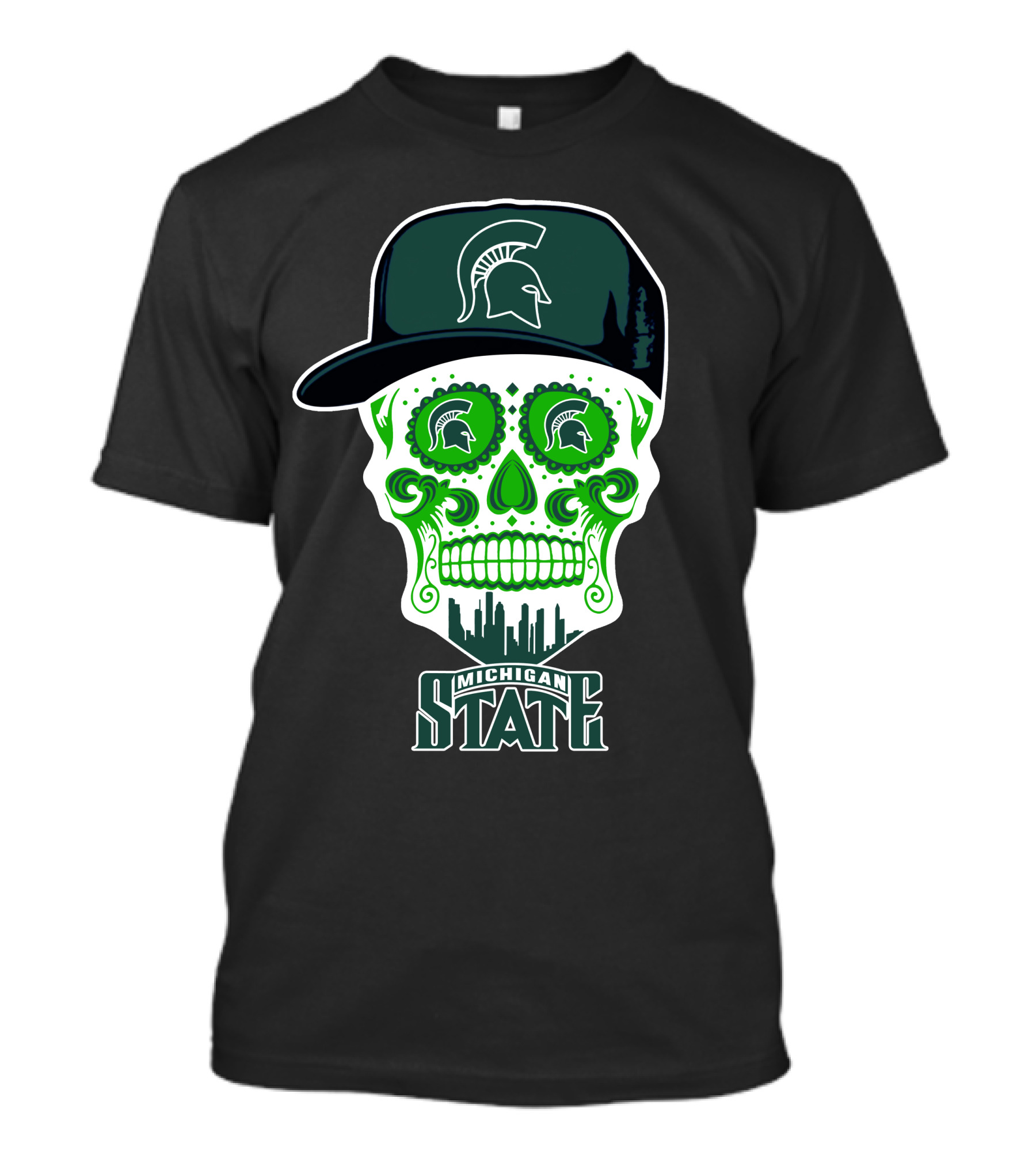 Michigan State Spartans Skull With Hat And Cityscape T-Shirt