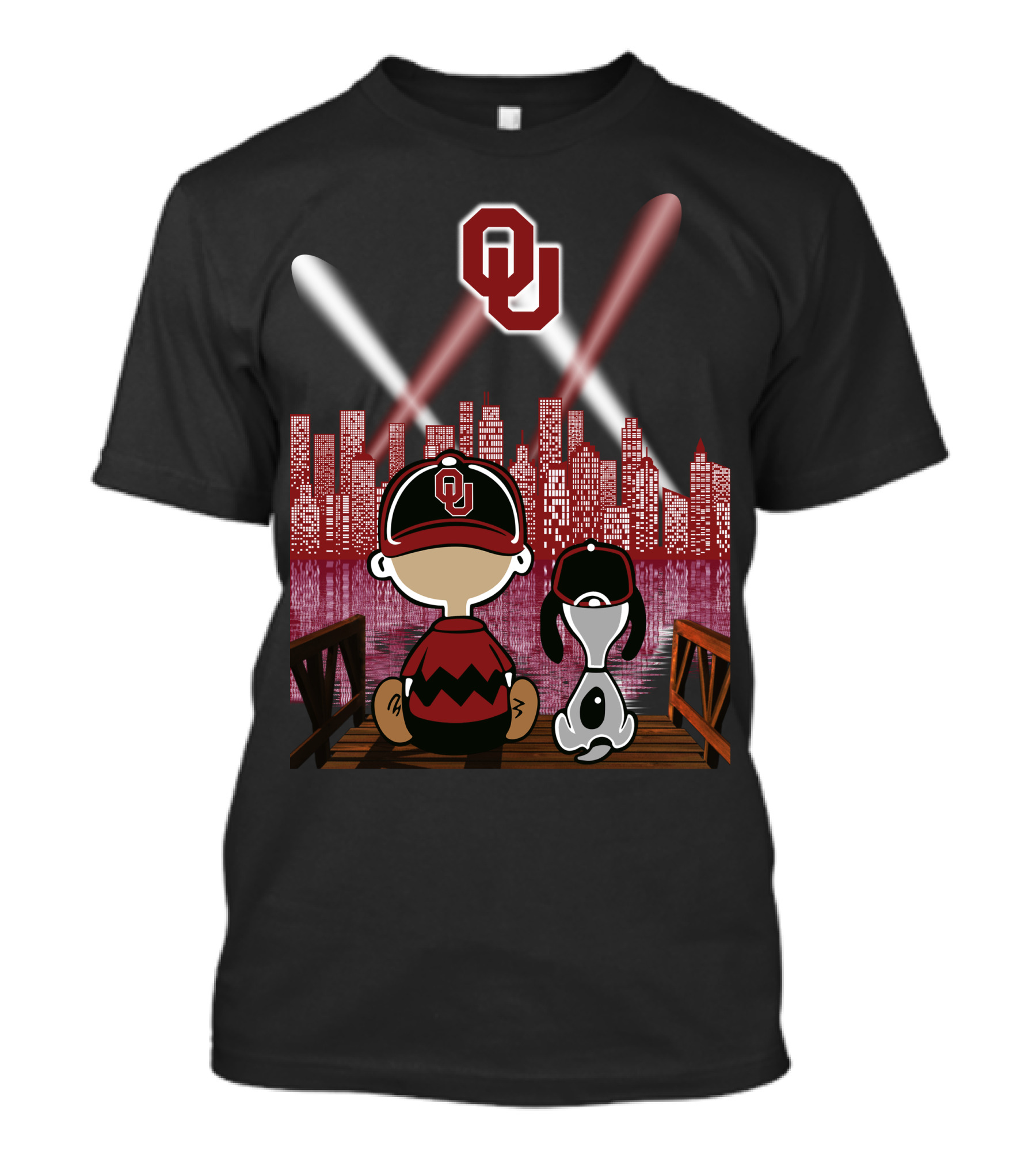 Ou Sooners Peanuts Characters With City Skyline At Night T-Shirt