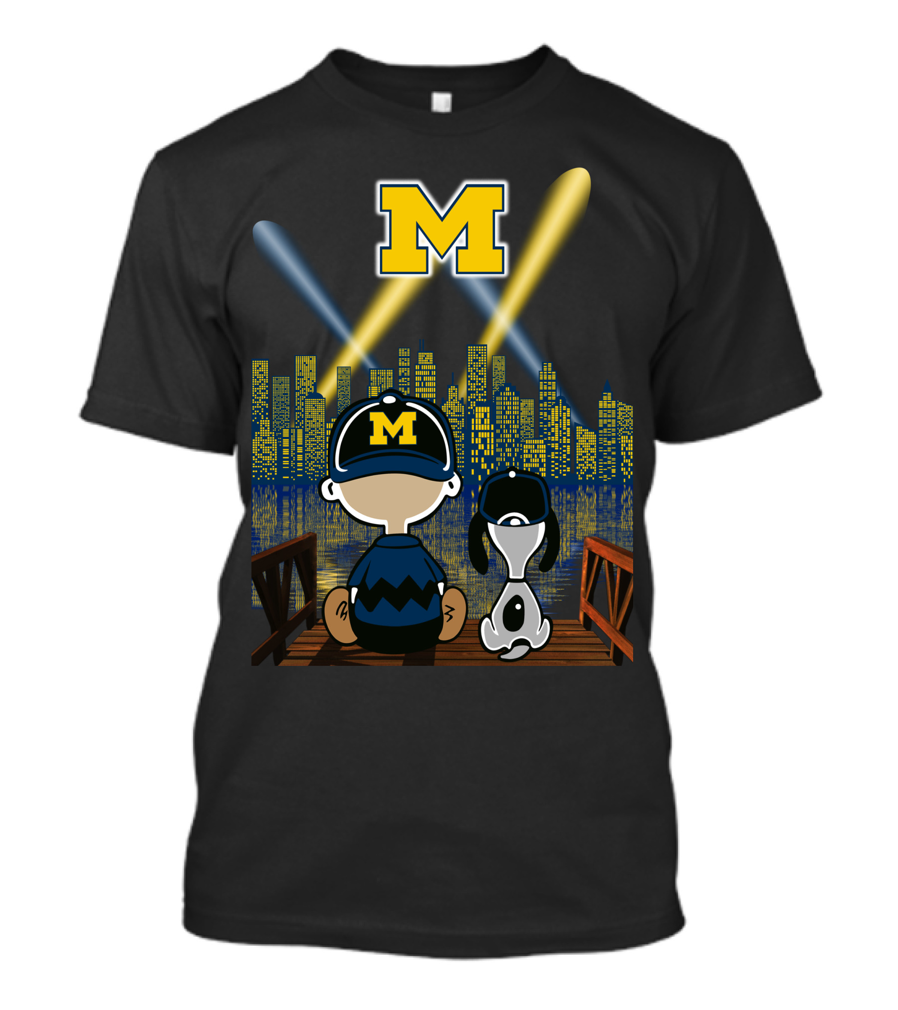 M Michigan Wolverines City By Night Skyline And Characters T-Shirt