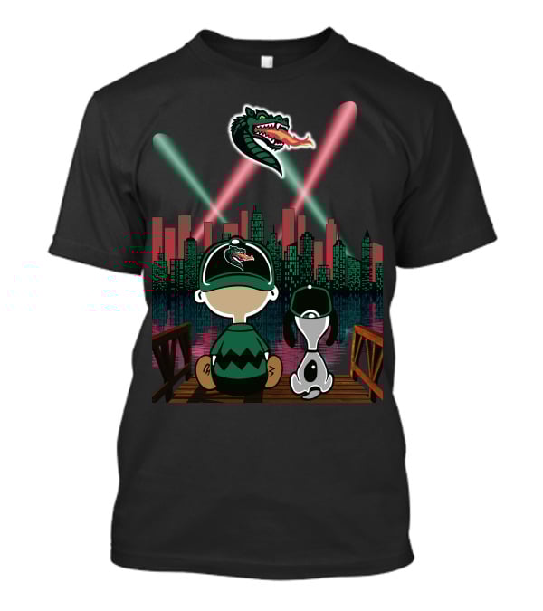 Uab Blazers Dragon Logo Over City Skyline With Cartoon Characters On Bridge At Night T-Shirt