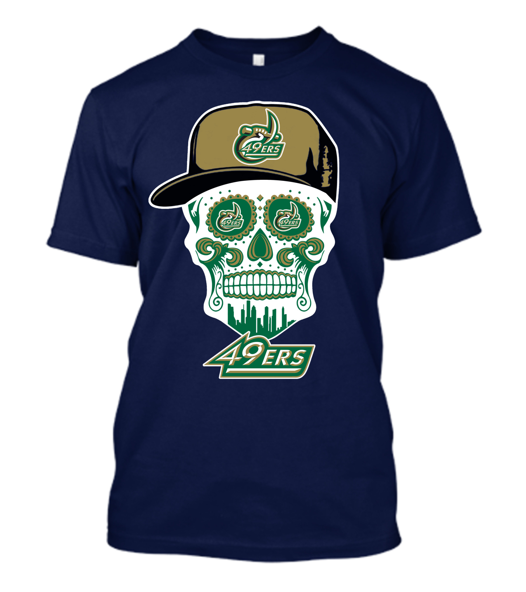 Charlotte 49ers Sugar Skull Green And Gold Logo With Hat T-Shirt