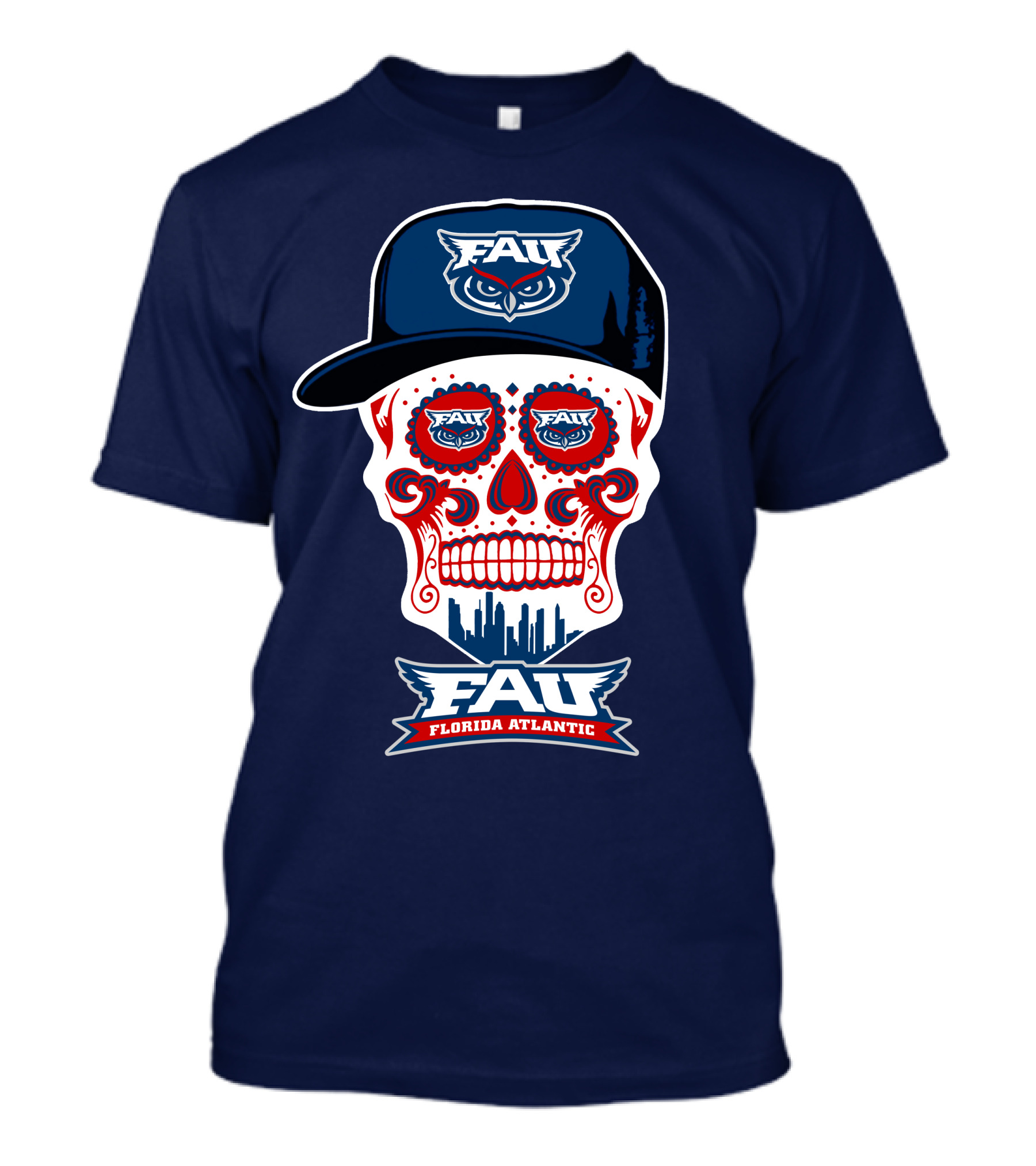 Fau Florida Atlantic Owls Sugar Skull With Cap T-Shirt