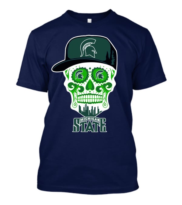 Michigan State Spartans Sugar Skull With Spartan Helmet Icon And City Skyline T-Shirt