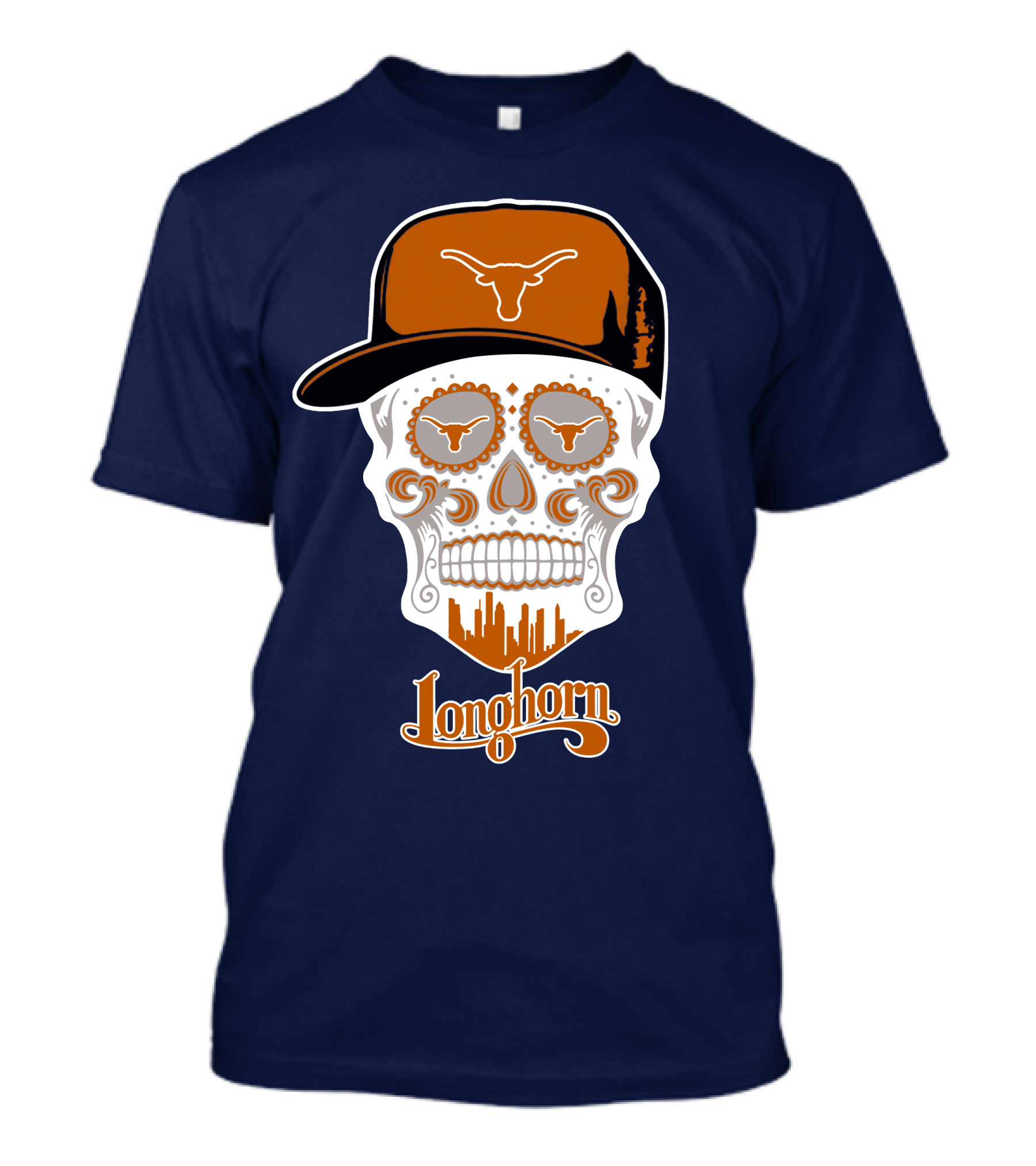 Longhorns Skull With Texas Longhorns Cap And Austin Skyline T-Shirt