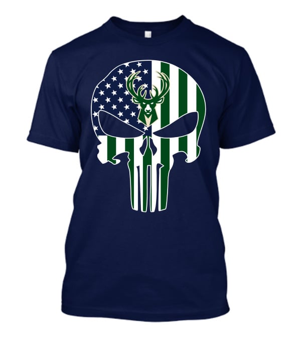 Milwaukee Bucks Punisher Skull American Flag Deer T-Shirt
