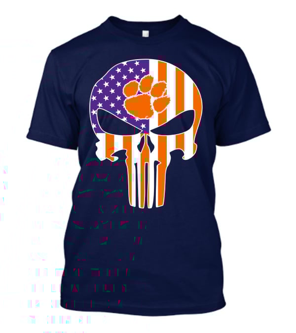 Clemson Tigers The Punisher American Flag Skull Paw T-Shirt