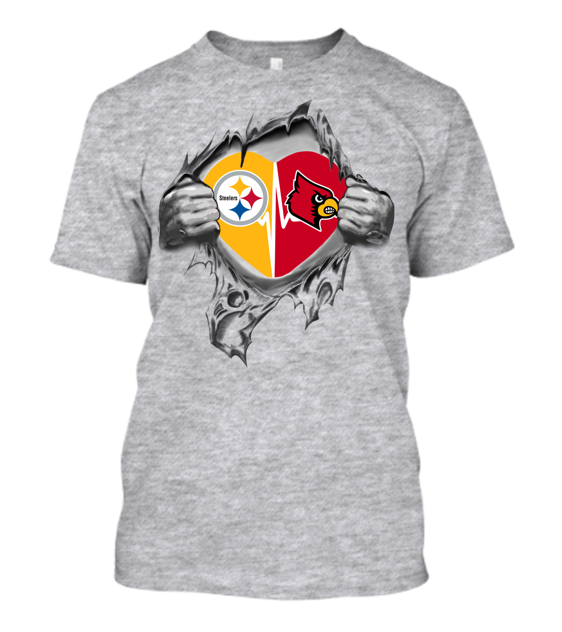 Steelers And Louisville Cardinals Heart With Torn Metal Effect T-Shirt