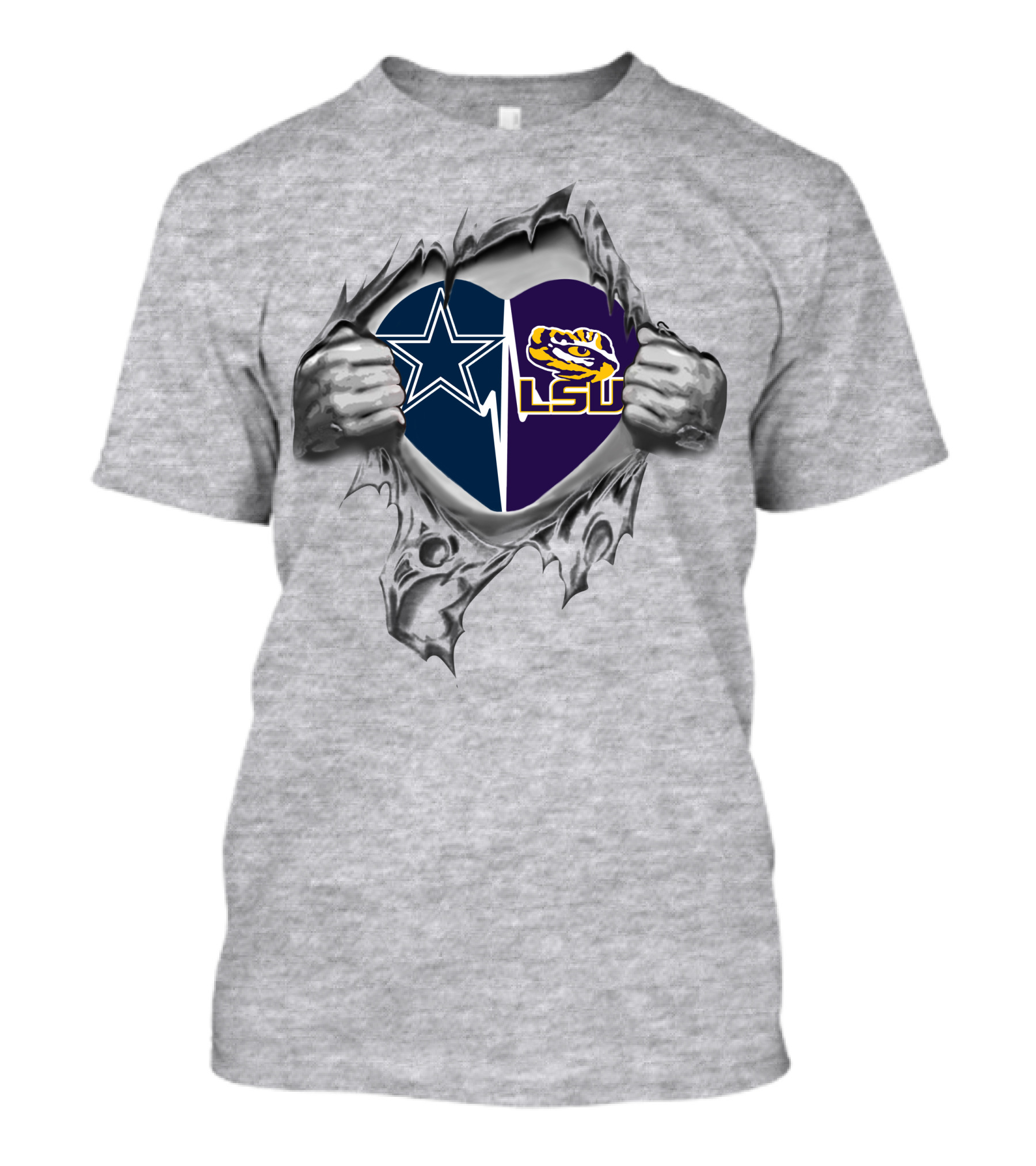 Cowboys And Lsu Tigers Heart Design With Tear And Hands T-Shirt