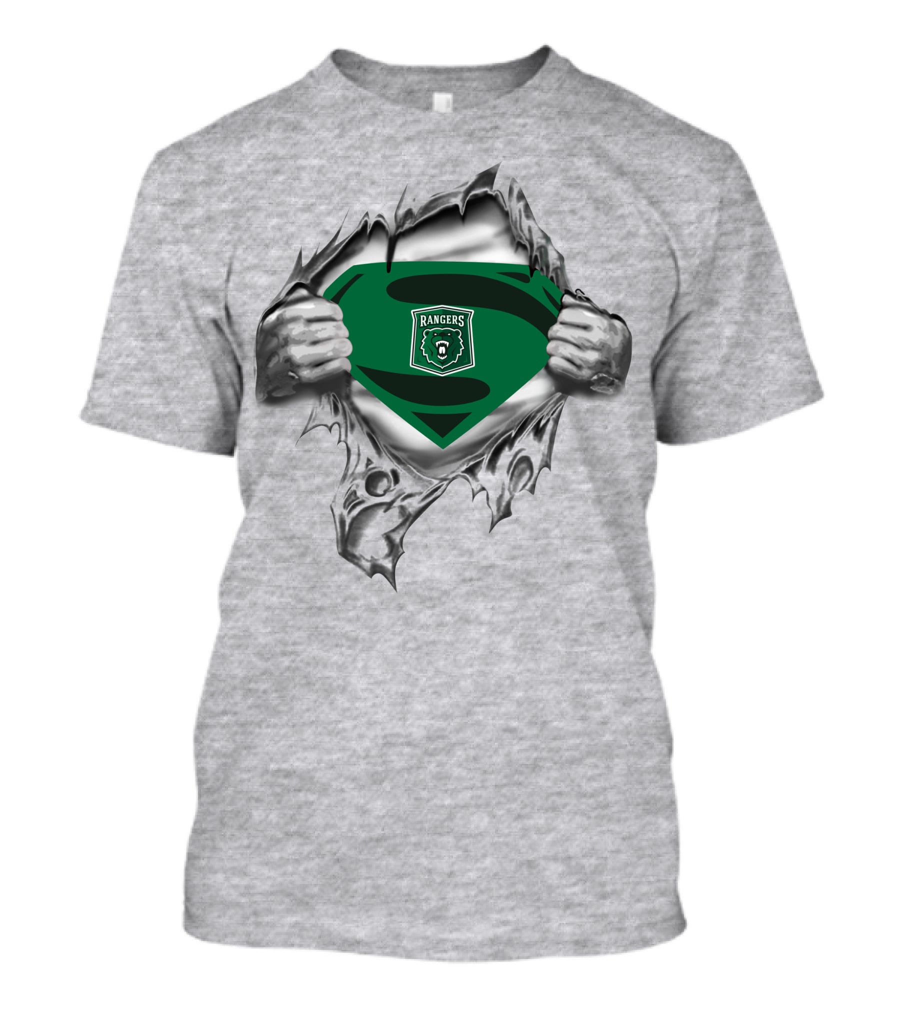 Rangers Superman Logo With Bear Emblem Design Peeking Through Torn Fabric T-Shirt