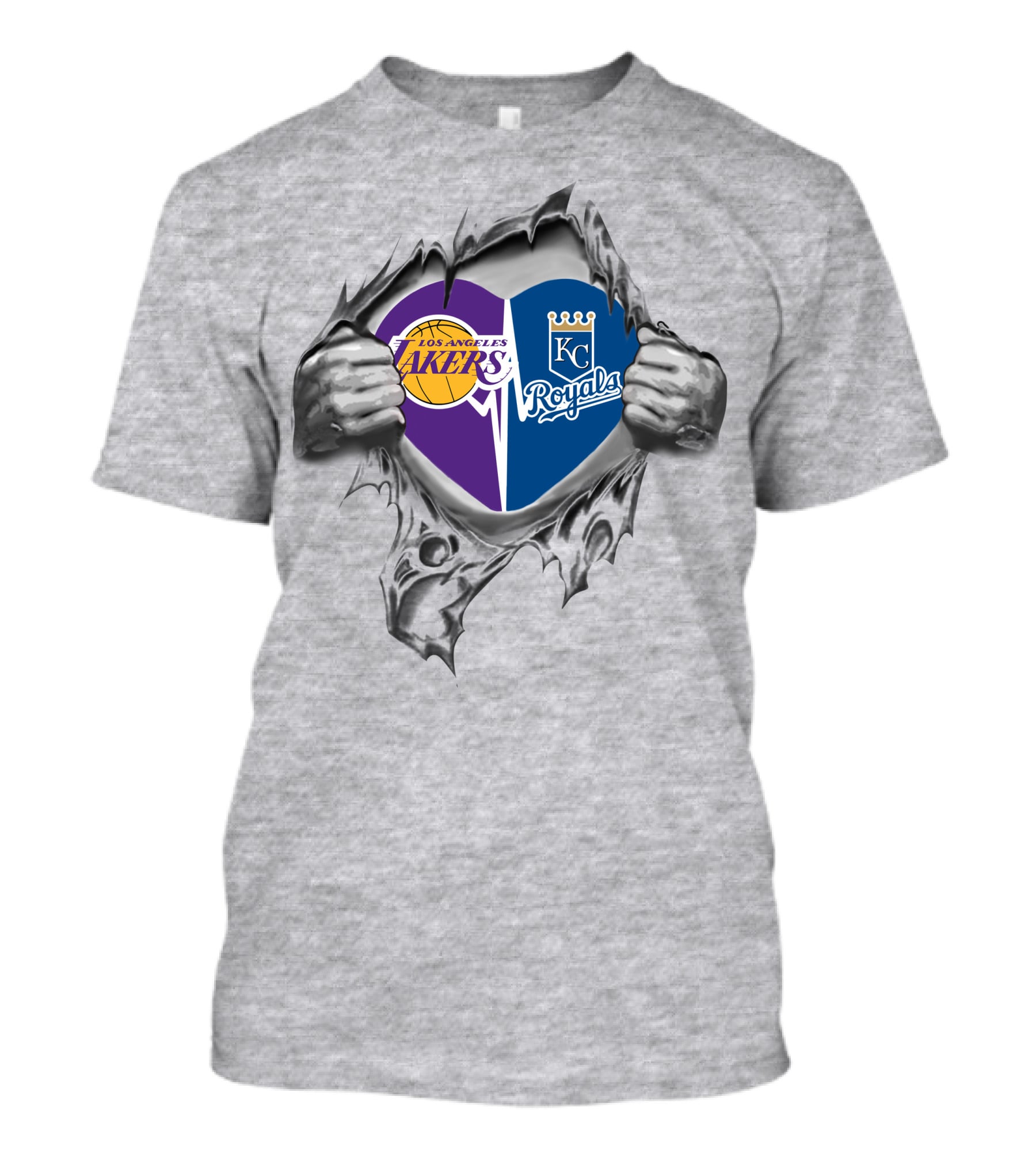 Los Angeles Lakers Kansas City Royals Heart Torn Basketball Baseball Fan Loyalty T-Shirt