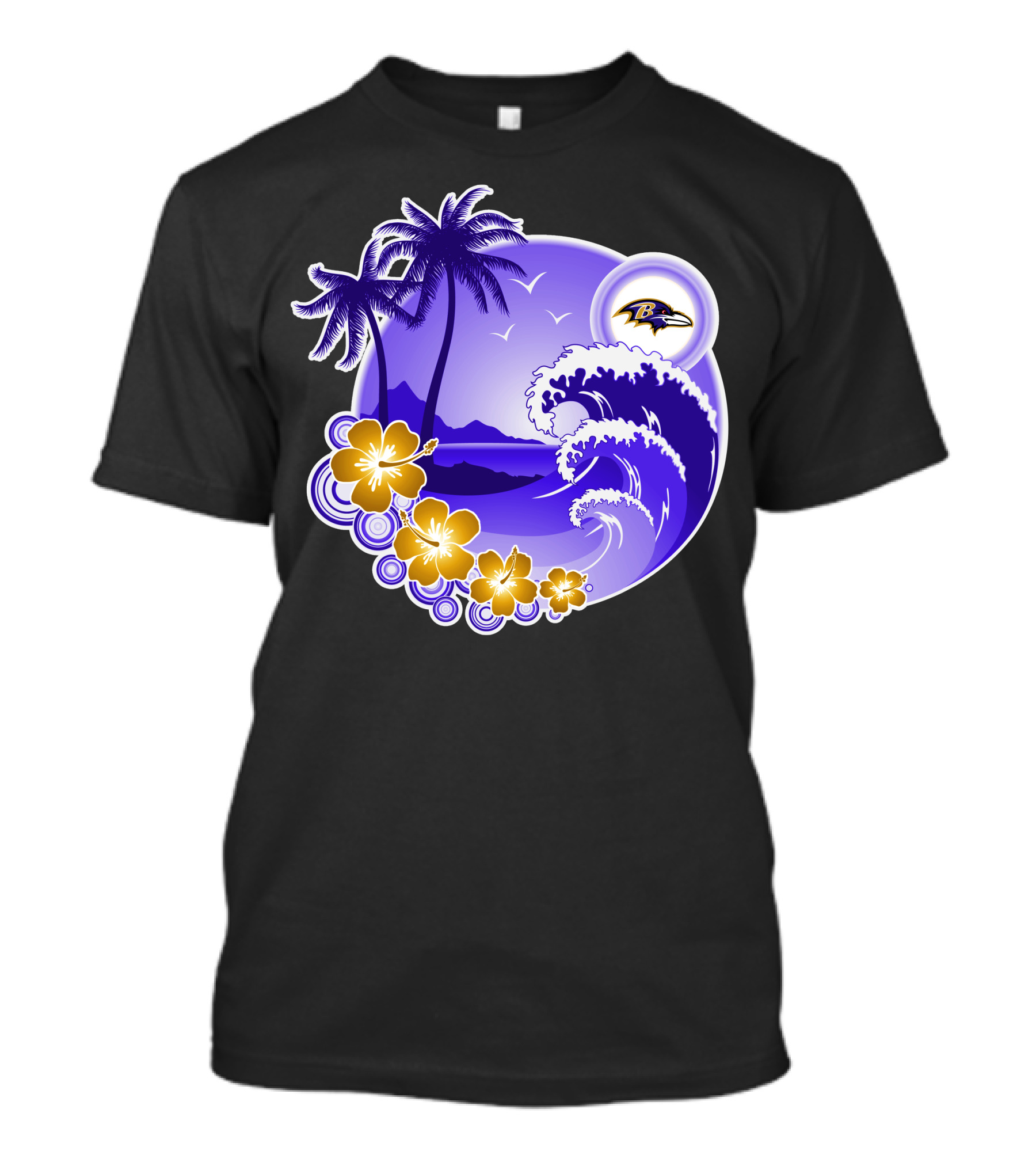 Baltimore Ravens Happy Holidays Tropical Paradise With Wave And Flowers T-Shirt