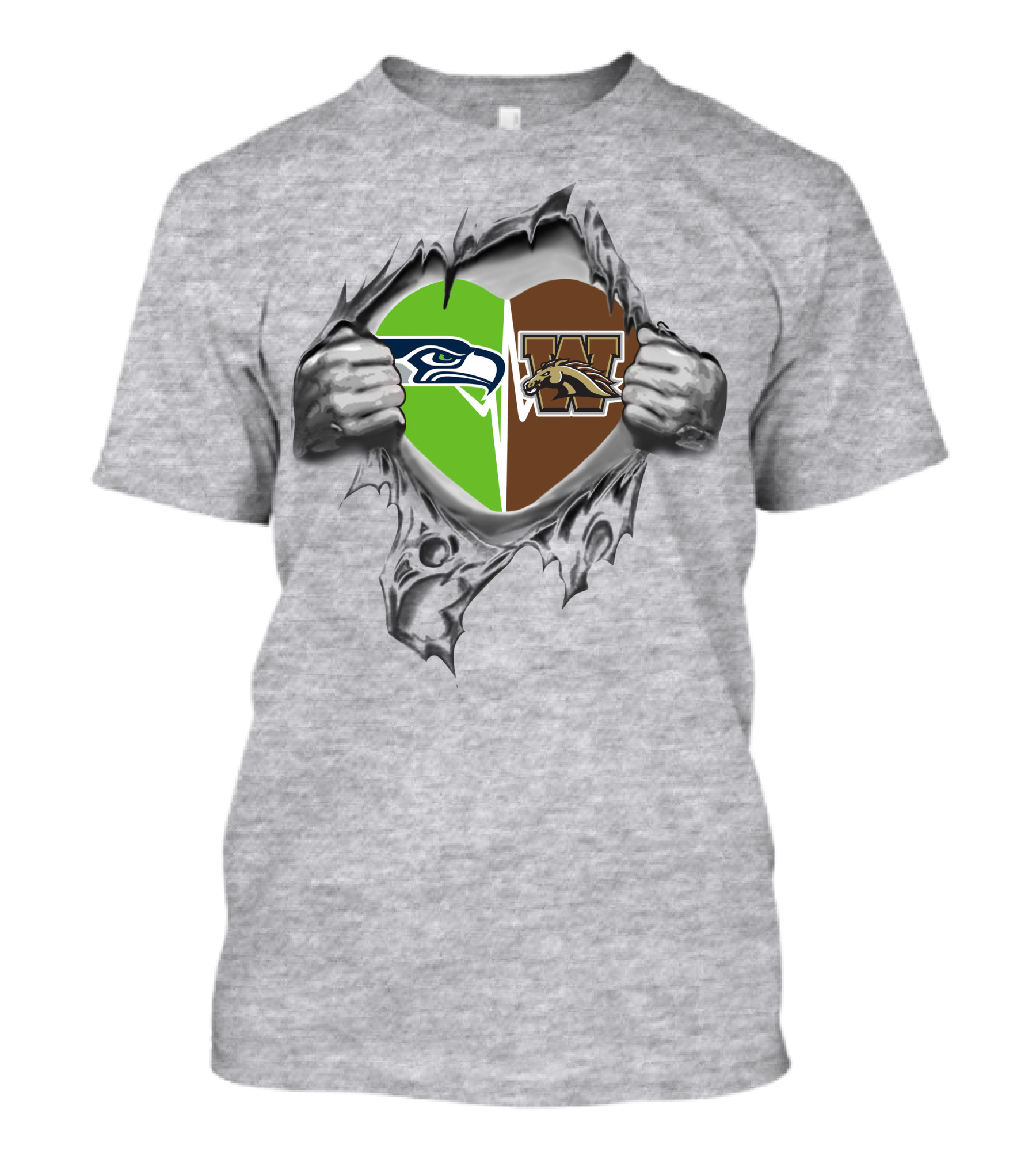 Seahawks And Western Michigan Broncos Heart Torn Open T-Shirt